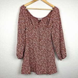 Lush Women's Brown Pink Floral Long Puff Sleeve Round Neck Mini Dress S